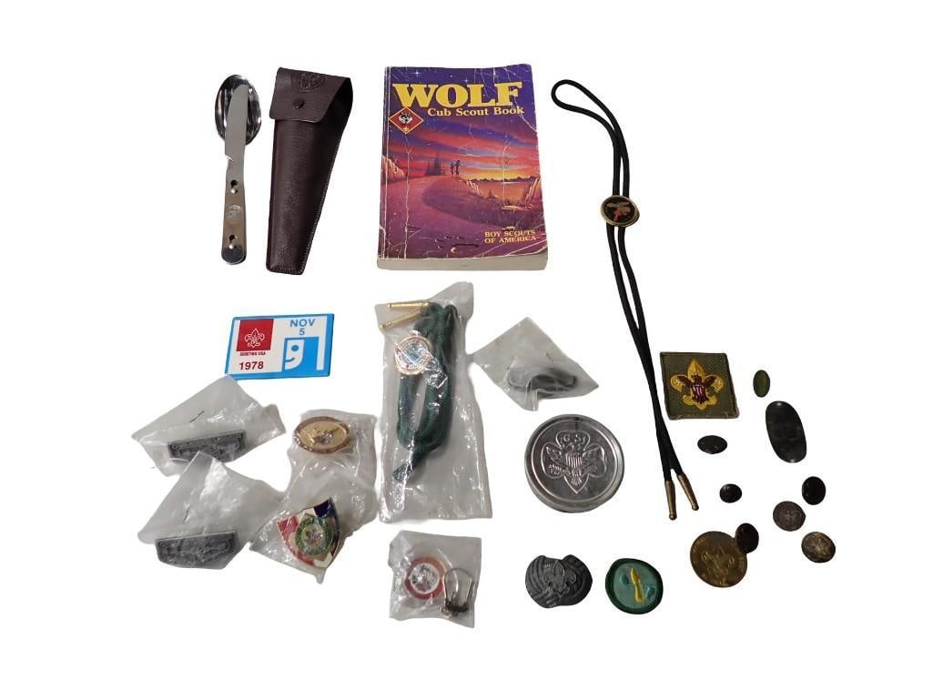 Boy Scouts / Cub Scouts Smalls Lot incl Bolo Tie, Pins, Boy Scouts Untensil Set, etc: Boy Scouts / Cub Scouts Smalls Lot incl Bolo Tie, Pins, Boy Scouts Untensil Set, etc All pictures are considered part of the description and should be examined carefully by bidders. Live Auctioneers i