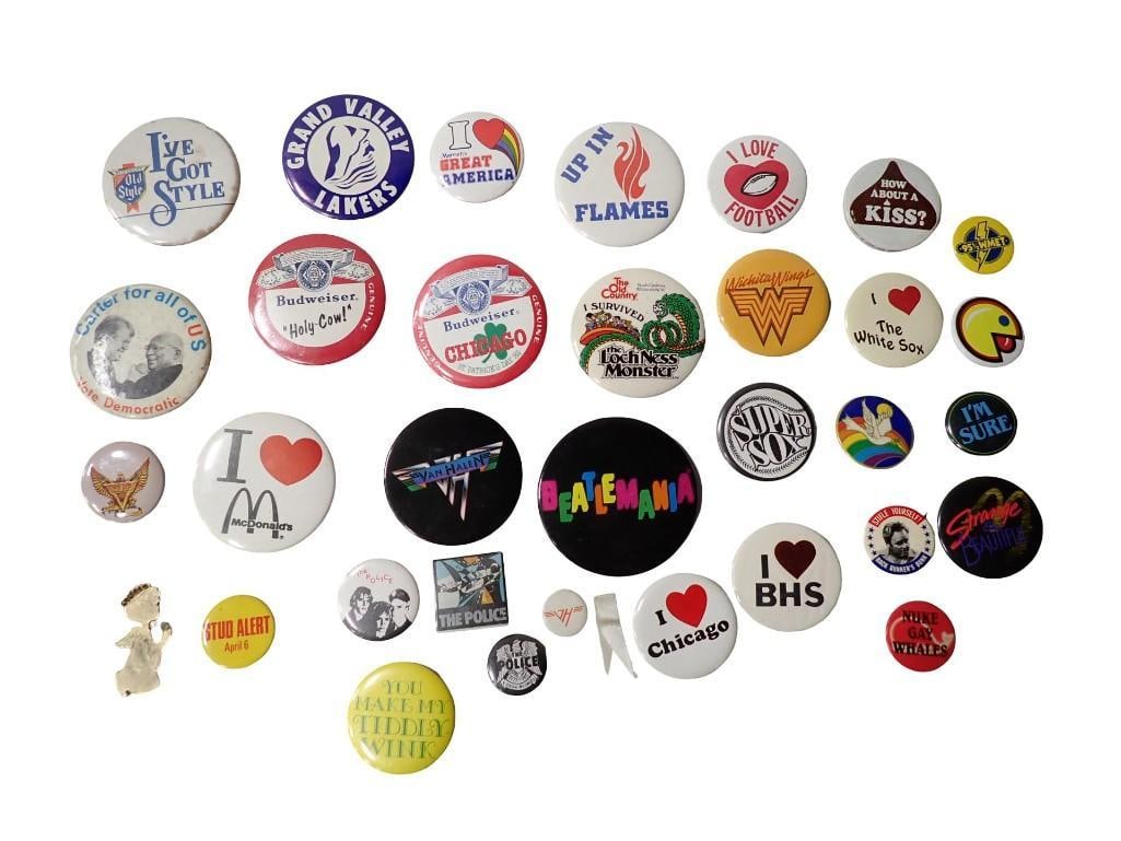 Buttons incl Bands, Novelty, Pac Man, Beatlemania, Van Halen, The Police, Jimmy Carter, etc: Vintage Buttons incl Bands, Novelty, Pac Man, Beatlemania, Van Halen, The Police, Jimmy Carter, etc All pictures are considered part of the description and should be examined carefully by bidders