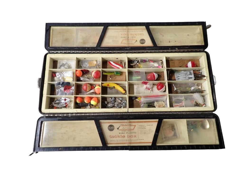 Fishing Tackle Box with Fishing Lures, Tackle, Etc: Fishing Tackle Box with Fishing Lures, Tackle, Etc All pictures are considered part of the description and should be examined carefully by bidders. Live Auctioneers is now offering Live Shipping throu