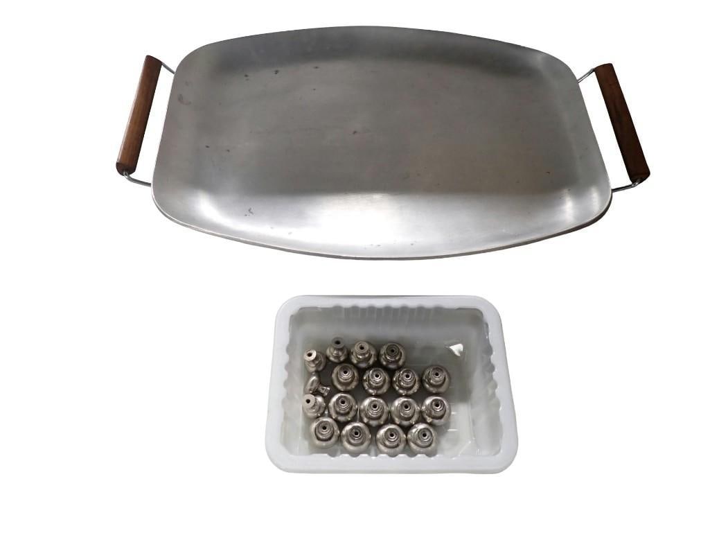 MCM Metal Serving Tray and a bunch of Metal Hardware Cabinet or Drawer Knobs: MCM Metal Serving Tray and a bunch of Metal Hardware Cabinet or Drawer Knobs All pictures are considered part of the description and should be examined carefully by bidders. Live Auctioneers is now of