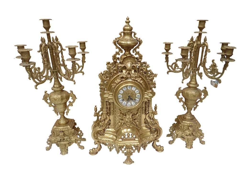Antique Franz Hermle & Sons Clock and Candelabra Set Ornate Brass Marked FHS Germany 130-070: Antique Franz Hermle & Sons Mantle Clock and Candelabra Set Ornate Brass Garniture Set Marked FHS Germany 130-070 Very Large - roughly 25" tall. Clock works but is untested for accuracy 