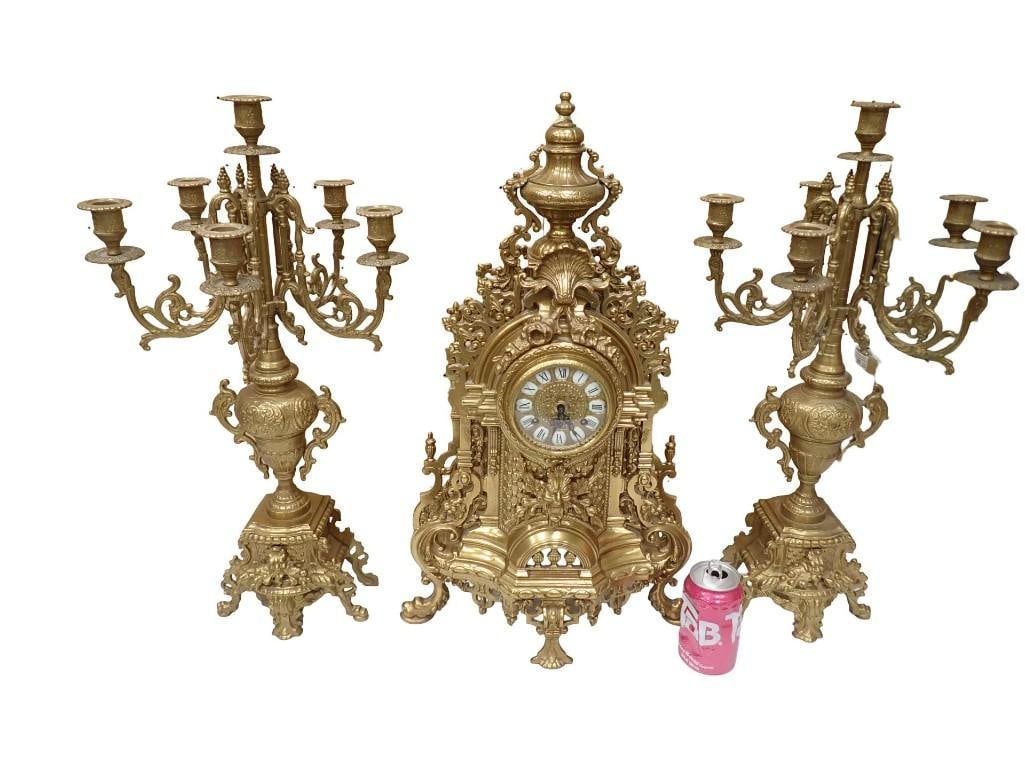 Antique Franz Hermle & Sons Clock and Candelabra Set Ornate Brass Marked FHS Germany 130-070 - 20