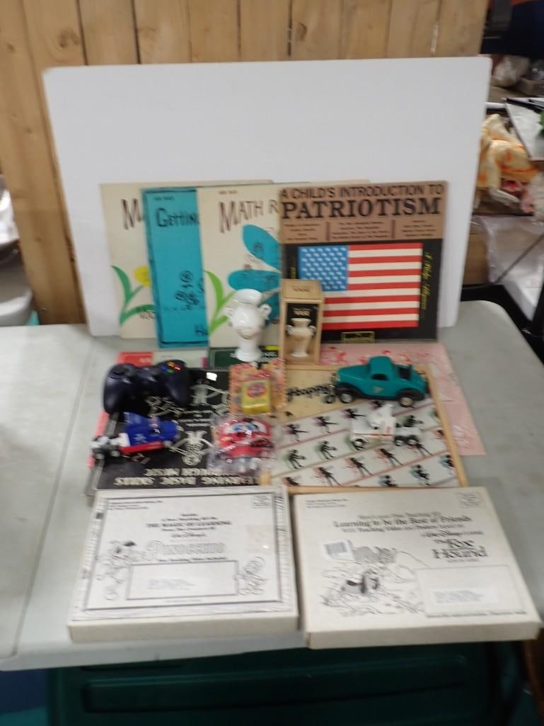 Misc. Lot including Children's LP Vinyl Records, Vase, Coca Cola Playing Cards, Logitech USB Gamepad: Misc. Lot including Children's LP Vinyl Records, Vase, Coca Cola Playing Cards, Logitech USB Gamepad, Toys, Walt Disney Learning Videos, etc. All pictures are considered part of the description an