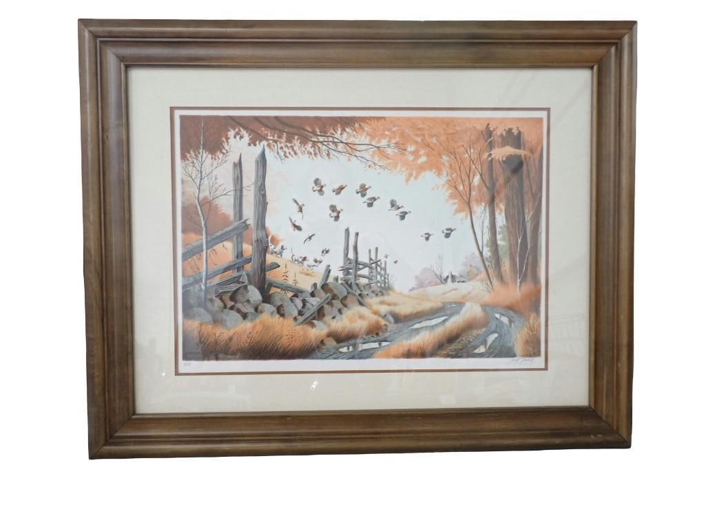 Framed pencil-signed 1978 lithograph "Startled Covey" by Larry Toschik: Framed pencil-signed 1978 lithograph "Startled Covey" by Larry Toschik. Measures roughly 22x28" All pictures are considered part of the description and should be examined carefully b