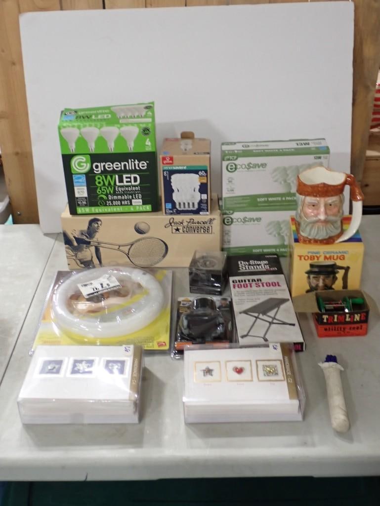 Misc. Lot including Lightbulbs, Guitar Foot Stool, Toby Mug, Fishing Reel, etc (1 of 9)