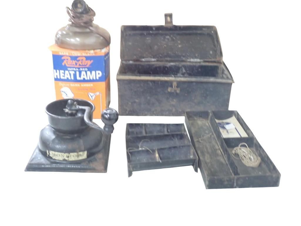 Vintage Rex-Ray Infra-Red Heat Lamp, Rustic Black Metal Toolbox, Hand Crank, etc.: Vintage Rex-Ray Infra-Red Heat Lamp, Rustic Black Metal Toolbox, Hand Crank, etc. All pictures are considered part of the description and should be examined carefully by bidders. Live Auctioneers is n