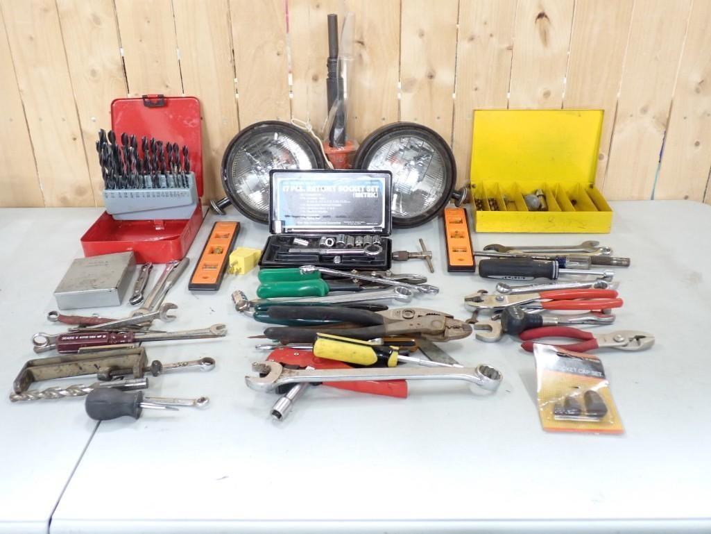 Lot of Tools incl Drill Bits, Pliers, Wrenches, Etc: Lot of Tools incl Drill Bits, Pliers, Wrenches, Etc All pictures are considered part of the description and should be examined carefully by bidders. Live Auctioneers is now offering Live Shipping thro