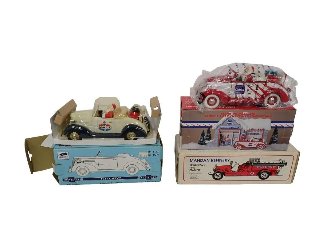 2 Coin Bank Model Vehicles incl Mandan Refinery Seagrave Fire Engine Die Cast Coin Bank 1:30 Scale: 2 Coin Bank Model Vehicles incl 1937 Chevy Limited Edition Coin Bank Amoco Convertible with Santa and Mandan Refinery Seagrave Fire Engine Die Cast Coin Bank 1:30 Scale Limited Edition and Libert