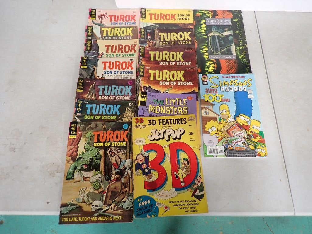 Comic Books incl Turok Son of Stone, Jet Pup 3D, The Little Monsters, etc incl 12 cent, 15 cent, etc: Lot of mostly Vintage Comic Books incl Turok Son of Stone, Jet Pup 3D, The Little Monsters, etc incl 12 cent, 15 cent, etc. Also includes The Simpsons Giant-Sized 100th Issue and Alan Moore &