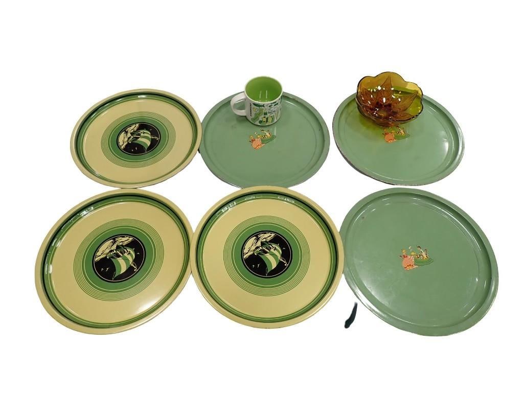 Vintage Metal Serving Trays incl 3 Art Deco Style Trays, 3 Green Trays, an Amber Glass Bowl, and a M (1 of 16)