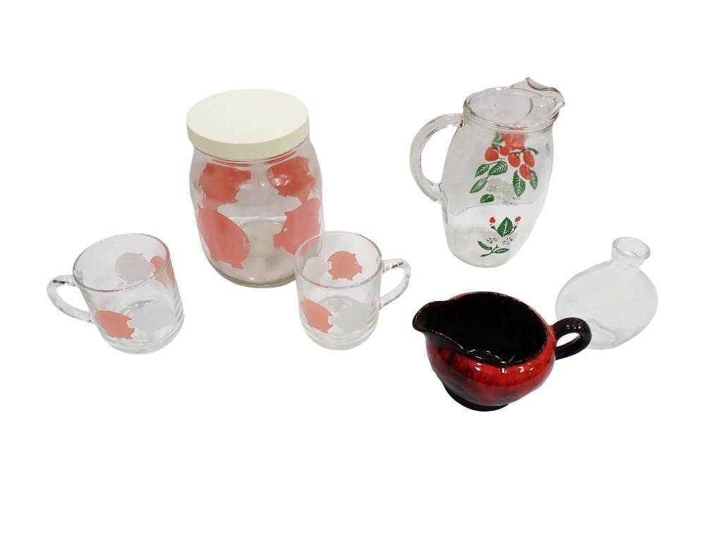 Misc incl Royal Canadian Fort Pottery Creamer, Pig Juice Jar and 2 Mugs, Glass Pitcher, Glass Bottle (1 of 18)