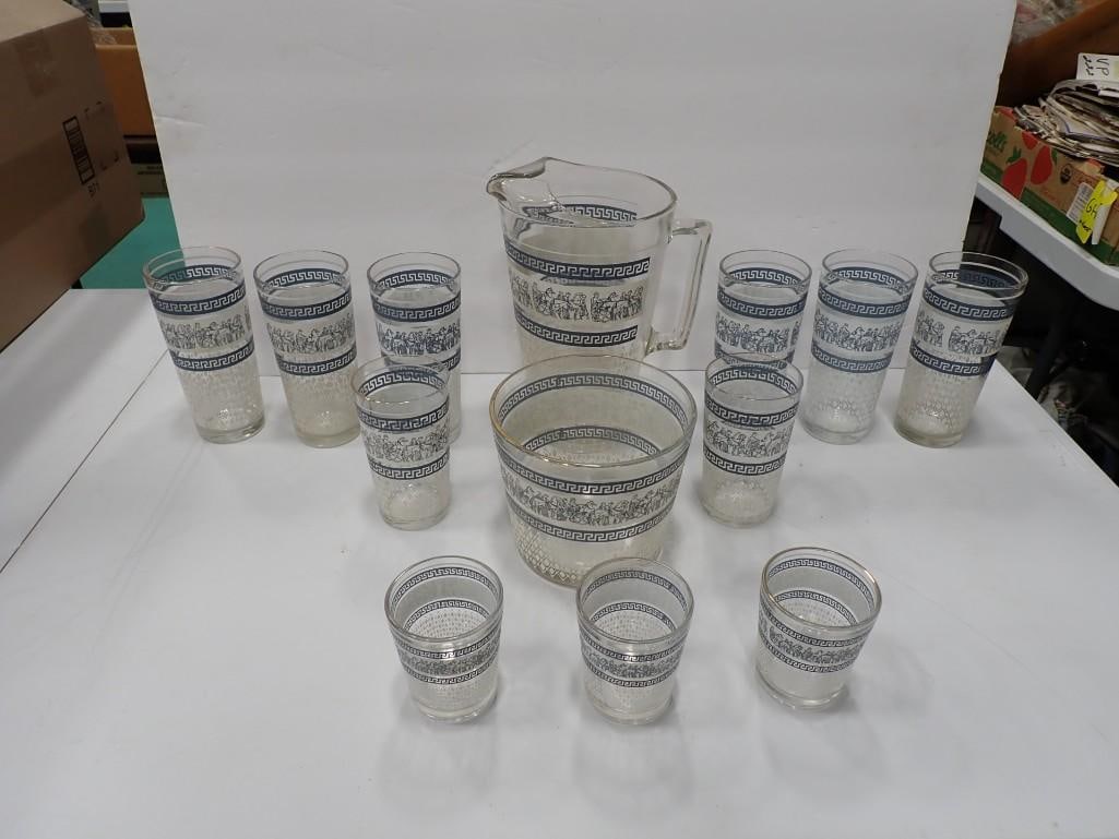 Jeanette Glass Roman Blue Set of Tumblers, Pitcher, Ice Bucket: Jeanette Glass Roman Blue Set of Tumblers, Pitcher, Ice Bucket All pictures are considered part of the description and should be examined carefully by bidders. Live Auctioneers is now offering Live Sh