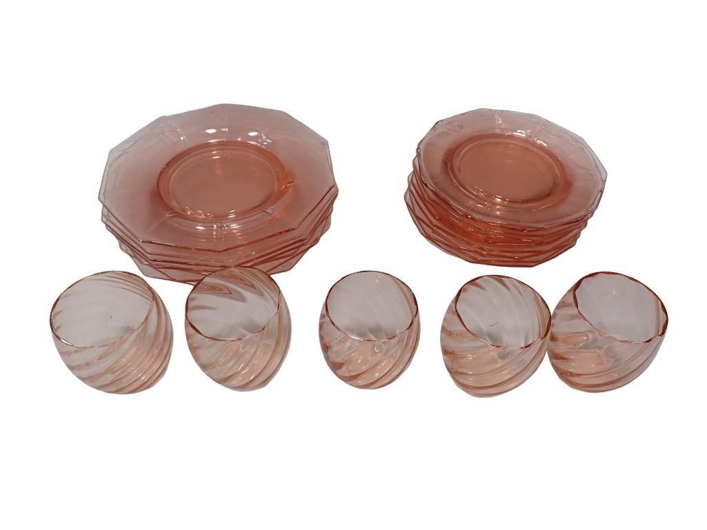 Lot of Pink Depression Glass incl Plates and Glasses: Lot of Pink Depression Glass incl Plates and Glasses All pictures are considered part of the description and should be examined carefully by bidders. Live Auctioneers is now offering Live Shipping thr