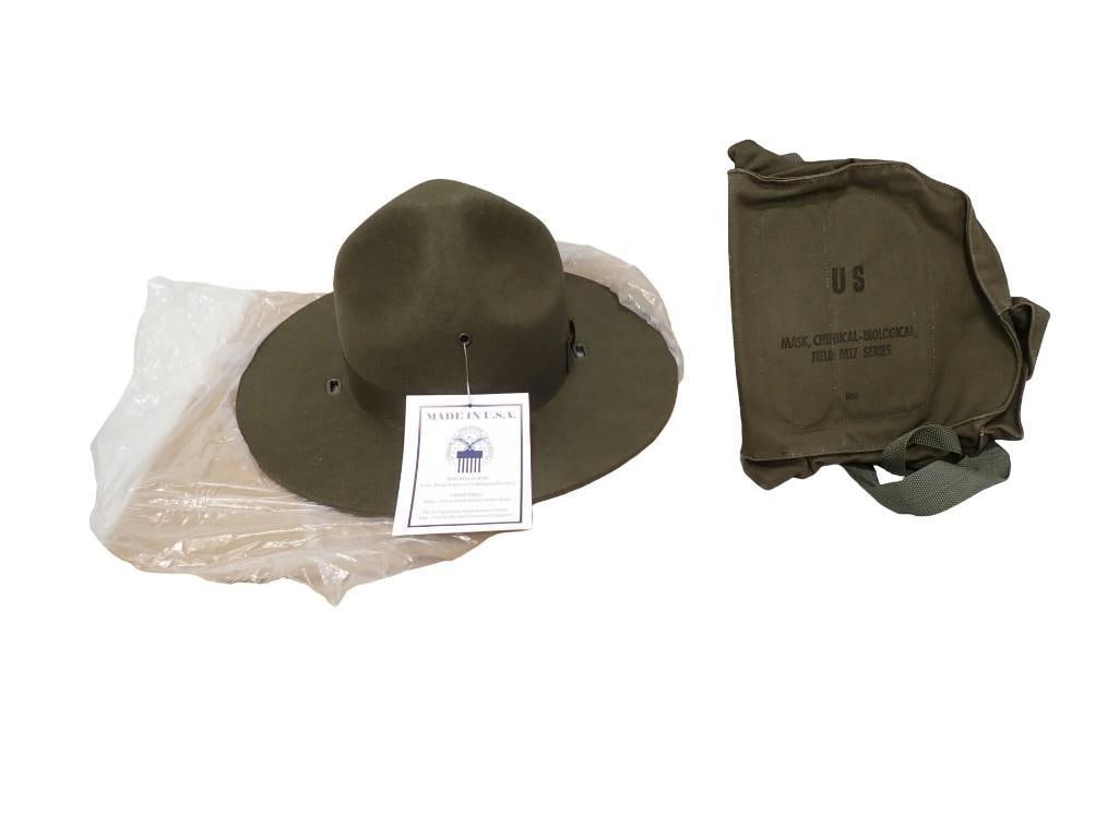Vintage Military Lot including Army Hat with original box, M17 field mask canvas carrying bag.: Vintage Military Lot including Army Hat with original box, M17 field mask canvas carrying bag. All pictures are considered part of the description and should be examined carefully by bidders. Live Auc