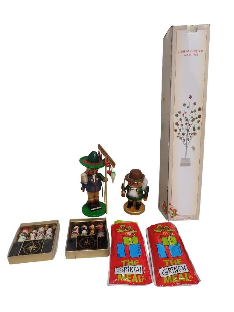 Collectibles incl Christopher Radko Cheese Spreaders, German Smoker Figure, German Nutcracker,: Collectibles incl 2 Packages of Christmas Christopher Radko Cheese Spreaders or Butter Knives, German Smoker Figure, German Nutcracker, The Grinch McDonald's Collectibles, Light Up Christmas Candy