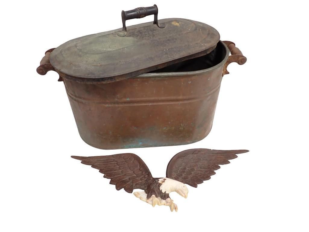 Vintage Copper Boiler and a Cast Metal Eagle Wall Decoration: Vintage Copper Boiler with Lid and a Cast Metal Eagle Wall Decoration All pictures are considered part of the description and should be examined carefully by bidders. Live Auctioneers is now offering 