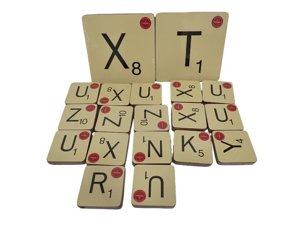 Scrabble Tile Coasters by Wild & Wolf New in Package: Scrabble Tile Coasters by Wild & Wolf New in Package - 20 packs total, each pack has 4 inside. Two of the packs are much larger than the others. All pictures are considered part of the descr