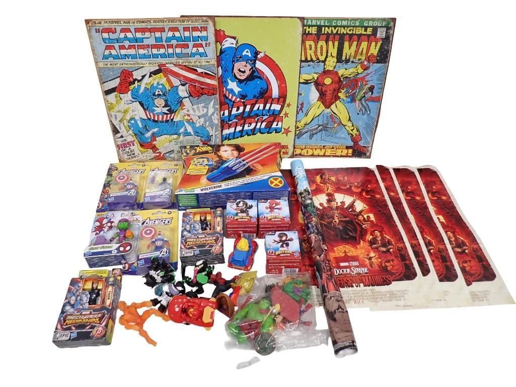 Marvel Comics Toys Lot incl Avengers Action Figures New in Package, Wall Decor Signs,: Marvel Comics Toys Lot incl Avengers Action Figures New in Package, Wall Decor Signs including Captain America, Iron Man, Small Toys, Etc All pictures are considered part of the description and should