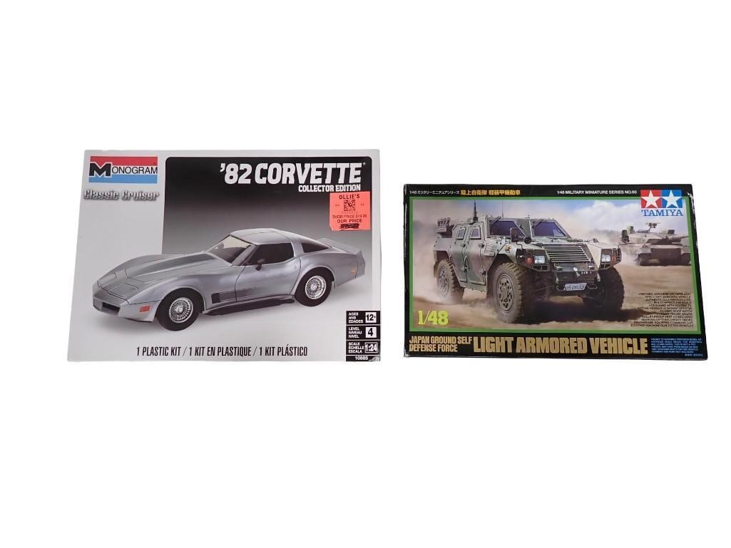 2 Model Vehicle Kits incl Monogram 1:24 Scal '82 Corvette and Tamiya Japan Ground Self Defense Force: 2 Model Vehicle Kits incl Monogram 1:24 Scal '82 Corvette and Tamiya 1L48 Scale Japan Ground Self Defense Force Light Armored Vehicle. One is sealed, the other has all the bags inside sealed