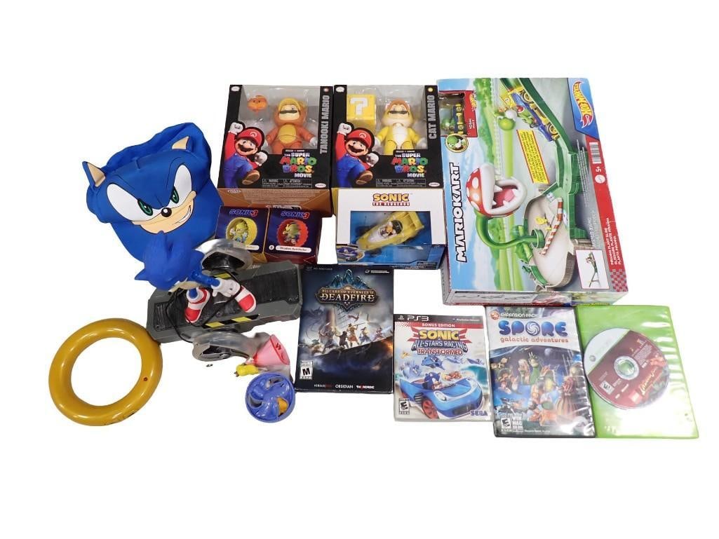 Video Game Lot including Mariokart Hot Wheels Set, Super Mario Movie Figures Tanooki, Cat, Sonic: Video Game Lot including Mariokart Hot Wheels Set, Super Mario Movie Figures Tanooki, Cat, Sonic the Hedgehog, PS3 Sonic, Indiana Jones Lego Game, PC Games, etc. All pictures are considered part of th