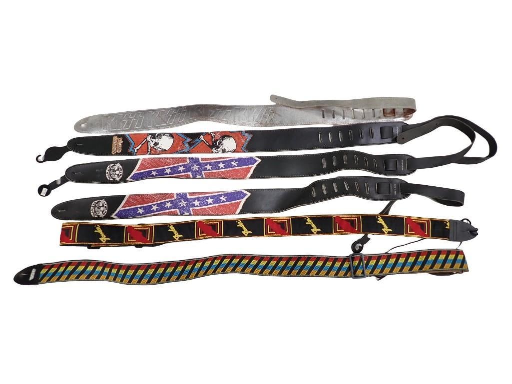 Guitar Straps incl Kiss, Lynyrd Skynyrd, Fender, etc: Guitar Straps incl Kiss, Lynyrd Skynyrd, Fender, etc All pictures are considered part of the description and should be examined carefully by bidders. Live Auctioneers is now offering Live Shipping thr