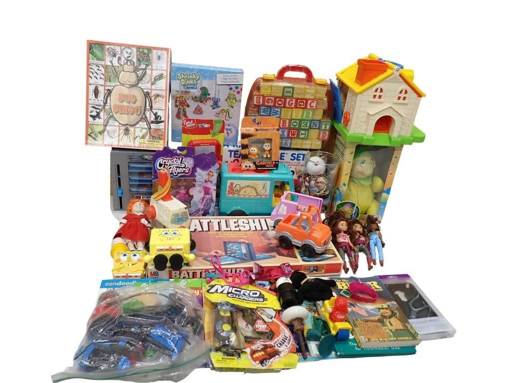 Toy Lot including Battleship, Spongebob, Micro Chargers, Bug Bingo, Alphabet Blocks, Shrinky Dinks (1 of 11)