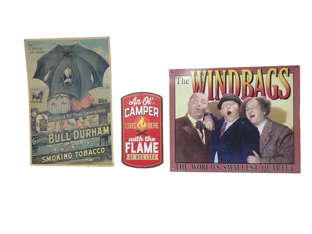 Metal Signs including The Three Stooges, Bull Durham Tobacco, Camping (1 of 5)