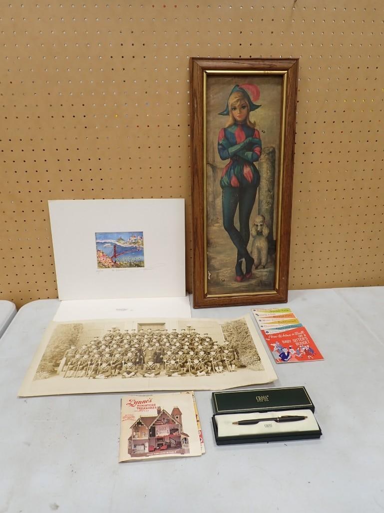 Misc. Lot including Cross Pen, Framed Harlequin / Jester print, Signed Numbered San Francisco Print: Misc. Lot including Cross Pen, Framed Harlequin / Jester print, Signed Numbered San Francisco Print, 1940's Military Graduation Photo Fighting 40 - U.S.N. 1942, Better Homes and Gardens Pamphlets,