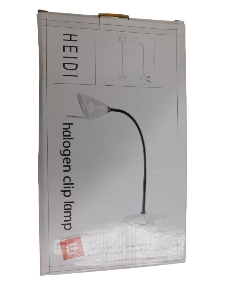 Heidi Halogen Clip Lamp New in Box Translucent White: Heidi Halogen Clip Lamp New in Box Translucent White All pictures are considered part of the description and should be examined carefully by bidders. Live Auctioneers is now offering Live Shipping thr