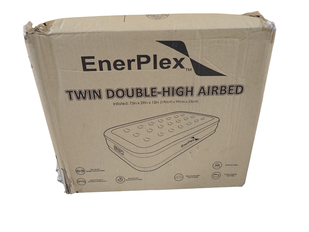 Enerplex Twin Double High Airbed New in Box: Enerplex Twin Double High Airbed New in Box All pictures are considered part of the description and should be examined carefully by bidders. Live Auctioneers is now offering Live Shipping through them