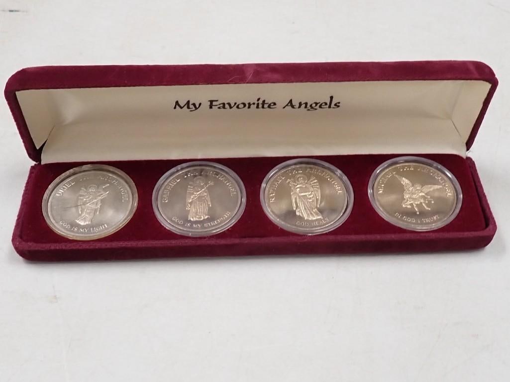 Set of four vintage "My Favorite Angels" Archangel commemorative coins with red velvet box: Set of four vintage "My Favorite Angels" Archangel commemorative coins with red velvet box All pictures are considered part of the description and should be examined carefully by bidders. Live