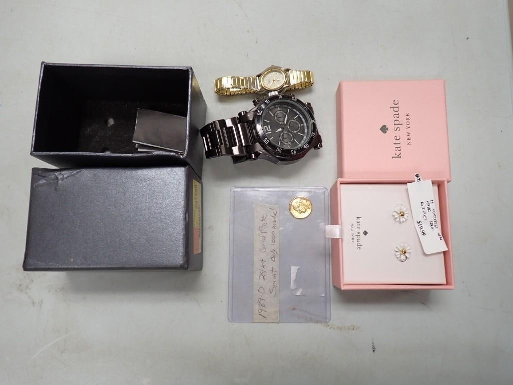 Kate Spade Earrings, Gold Plated Dime, Two Watches including Kathy Ireland: Kate Spade Earrings, Gold Plated Dime, Two Watches including Kathy Ireland All pictures are considered part of the description and should be examined carefully by bidders. Live Auctioneers is now offe