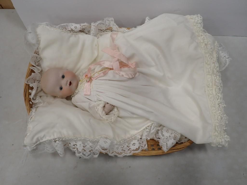 1970's Reproduction Bisque Porcelain Doll: 1970's Reproduction Bisque Porcelain Doll All pictures are considered part of the description and should be examined carefully by bidders. Live Auctioneers is now offering Live Shipping through th