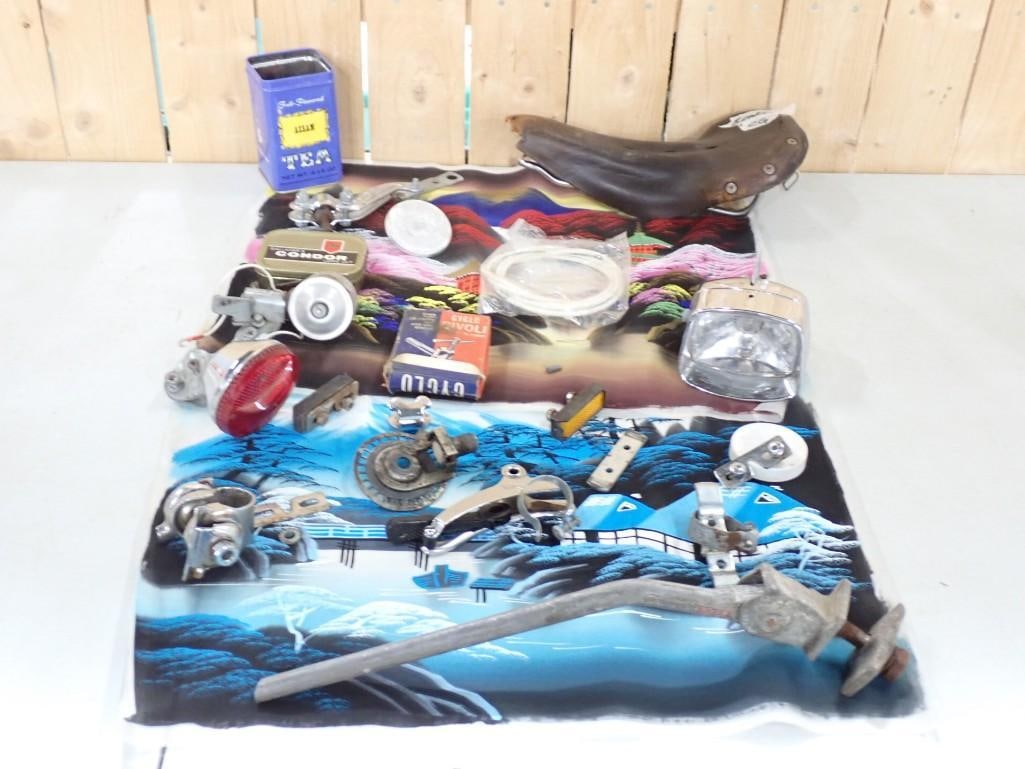 Misc Lot including Vintage Bicycle Accessories: Misc Lot including Vintage Bicycle Accessories All pictures are considered part of the description and should be examined carefully by bidders. Live Auctioneers is now offering Live Shipping through t