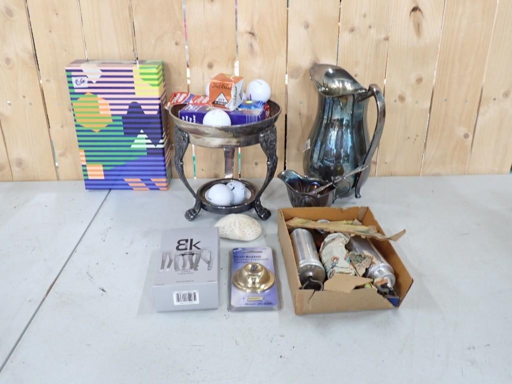 Misc. Lot including Silver Plate, Golf Balls, Jigsaw Puzzle, etc: Misc. Lot including Silver Plate, Golf Balls, Jigsaw Puzzle, etc All pictures are considered part of the description and should be examined carefully by bidders. Live Auctioneers is now offering Live 