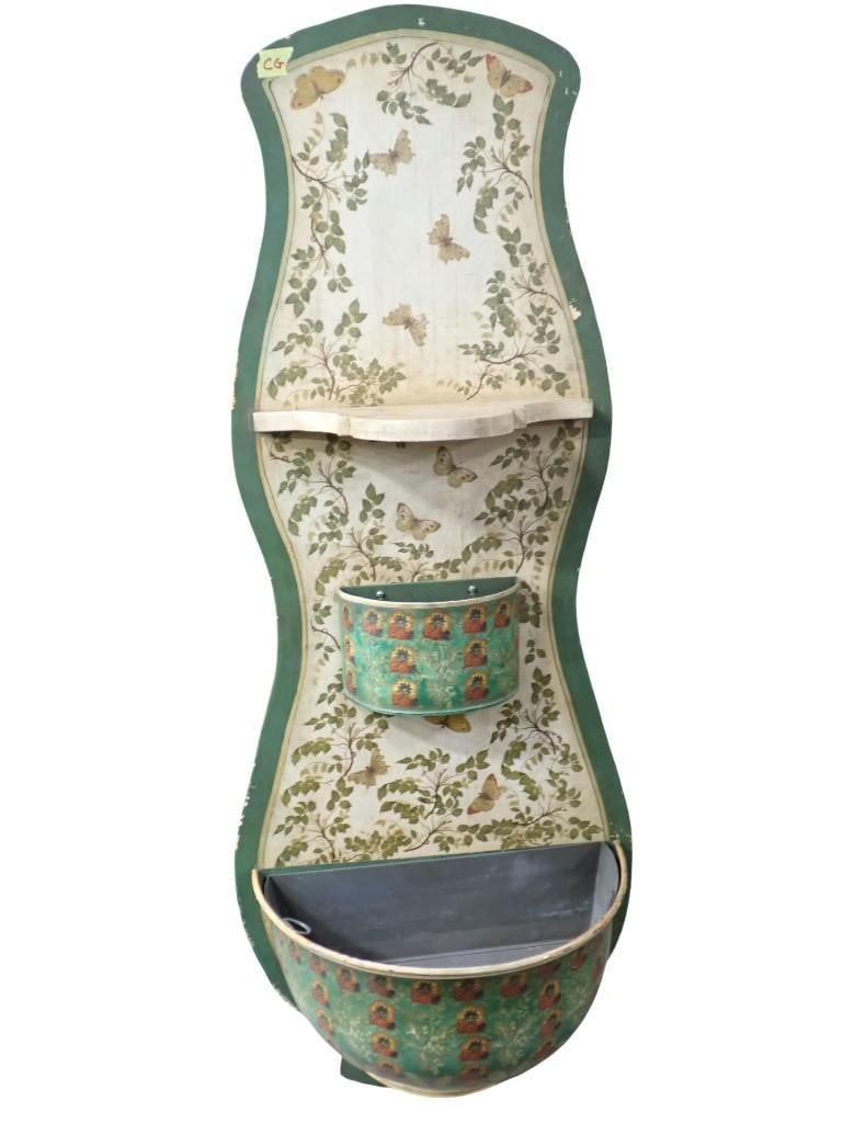 French Tole metal lavabo wall fountain basin with Butterfly Floral Design: French Tole metal lavabo wall fountain basin with Butterfly Floral Design All pictures are considered part of the description and should be examined carefully by bidders. Live Auctioneers is now offer