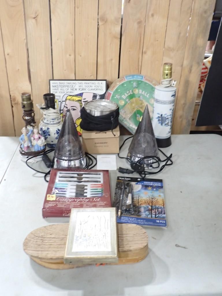 Misc. Lot including Calligraphy Set, Lamps, Art Pad, Vintage Baseball Game, Camping Stove, etc: Misc. Lot including Calligraphy Set, Lamps, Art Pad, Vintage Baseball Game, Camping Stove, etc All pictures are considered part of the description and should be examined carefully by bidders. Live Auc