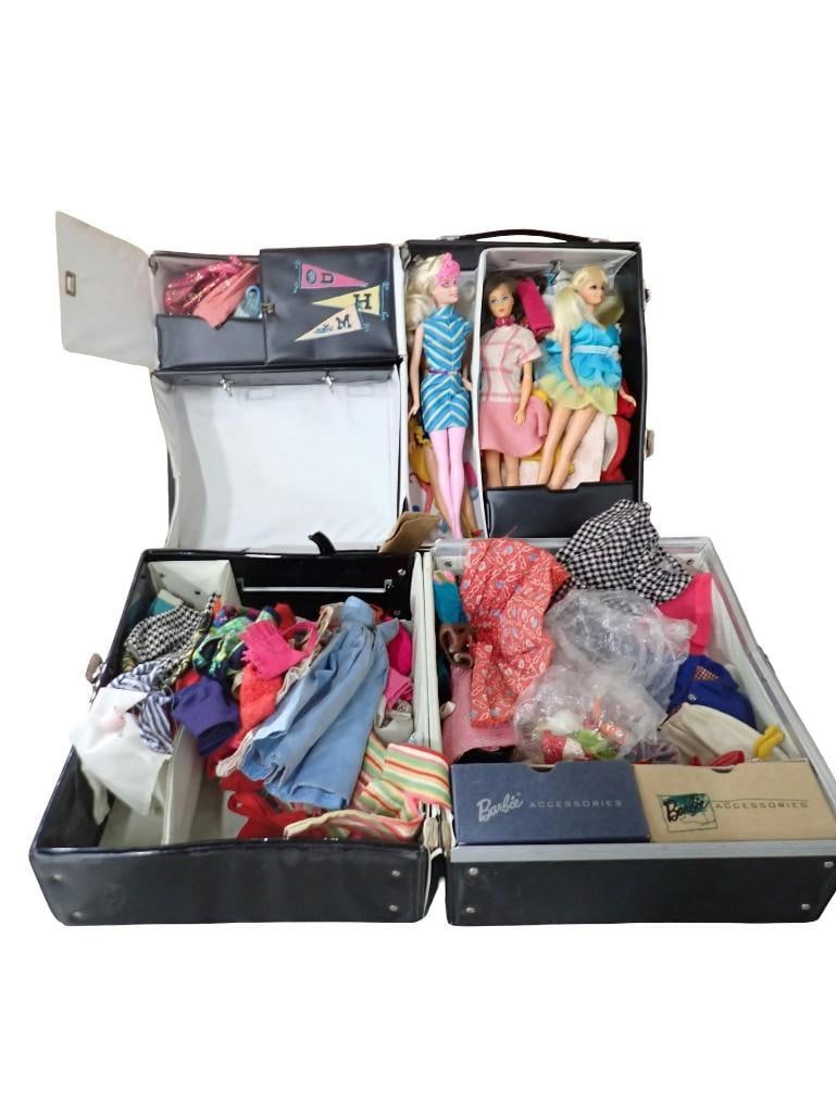 Vintage Barbie Lot including Two Cases, Dolls, Clothes, Accessories, 1960's etc.: Vintage Barbie Lot including Two Cases, Dolls, Clothes, Accessories, 1960's etc. All pictures are considered part of the description and should be examined carefully by bidders. Live Auctioneers i