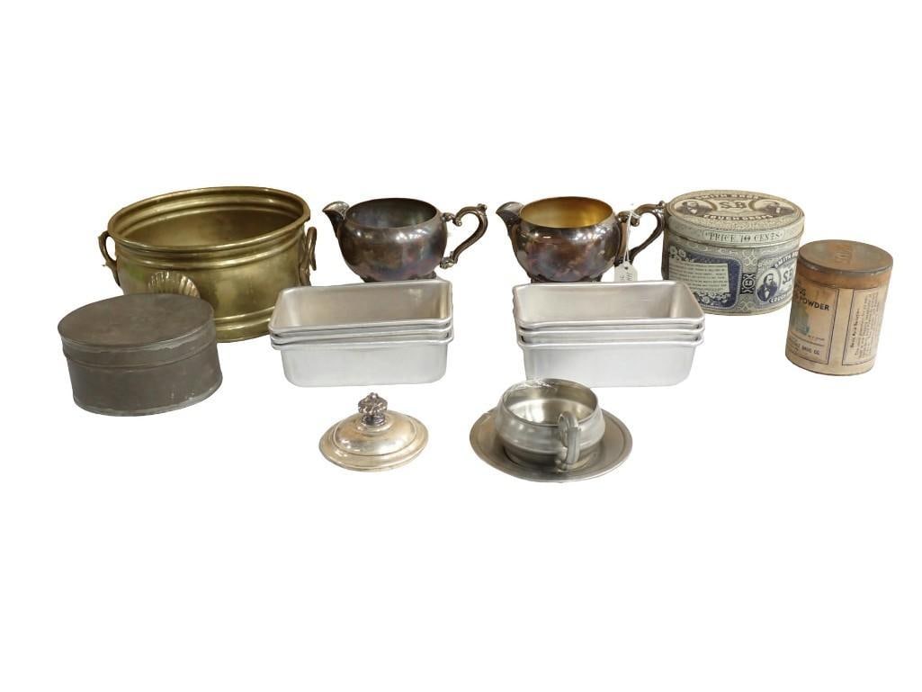 Vintage Silver plate, Pewter, Tins, etc.: Vintage Silver plate, Pewter, Tins, etc. All pictures are considered part of the description and should be examined carefully by bidders. Live Auctioneers is now offering Live Shipping through them. T