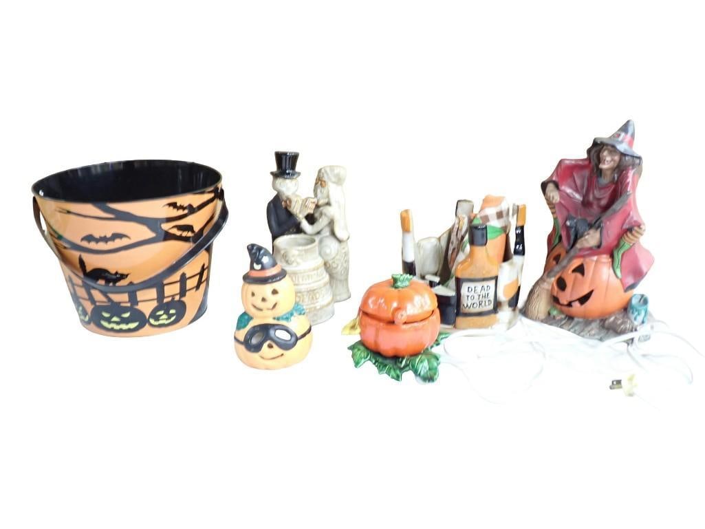 Halloween Lot including Bucket, Figurines, Decor, etc.: Halloween Lot including Bucket, Figurines, Decor, etc. All pictures are considered part of the description and should be examined carefully by bidders. Live Auctioneers is now offering Live Shipping t