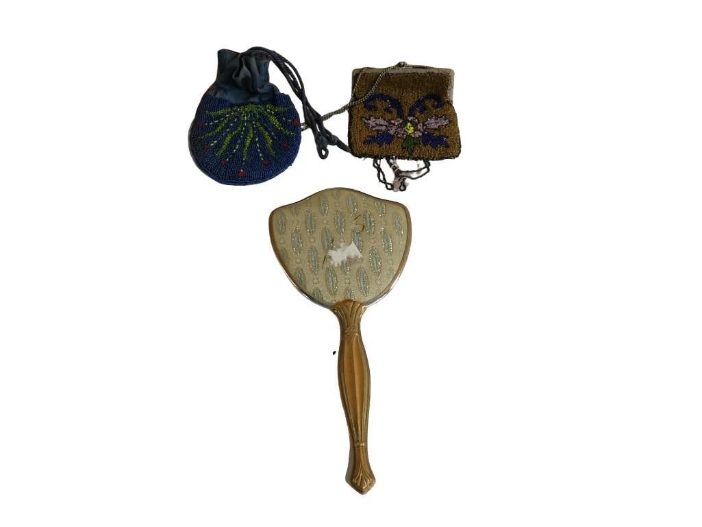 Two Vintage or Antique Beaded Purses and a Hand Mirror: Two Vintage or Antique Beaded Purses and a Hand Mirror All pictures are considered part of the description and should be examined carefully by bidders. Live Auctioneers is now offering Live Shipping t
