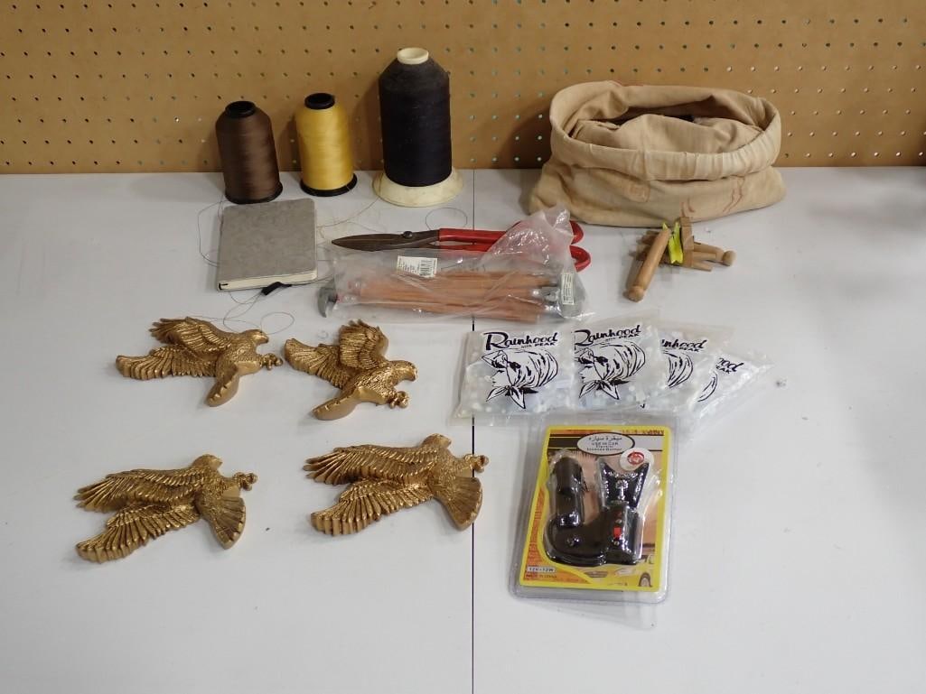 Misc Lot including Sewing Thread, Car Incense Burner, Brass Eagles, Raidhood Hair Bonnets, (1 of 8)