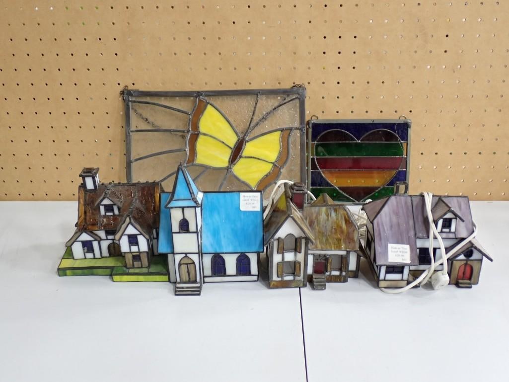 Stained Glass Lot including Butterfly and Heart Wall Hangings, and Four Houses with Lights: Stained Glass Lot including Butterfly and Heart Wall Hangings, and Four Houses with Lights All pictures are considered part of the description and should be examined carefully by bidders. Live Auction