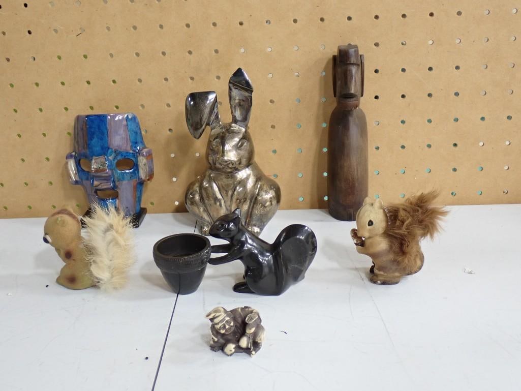 Home Decor Lot including Squirrels, Bunny, Wood Carved, Mask, etc.: Home Decor Lot including Squirrels, Bunny, Wood Carved, Mask, etc. All pictures are considered part of the description and should be examined carefully by bidders. Live Auctioneers is now offering Liv