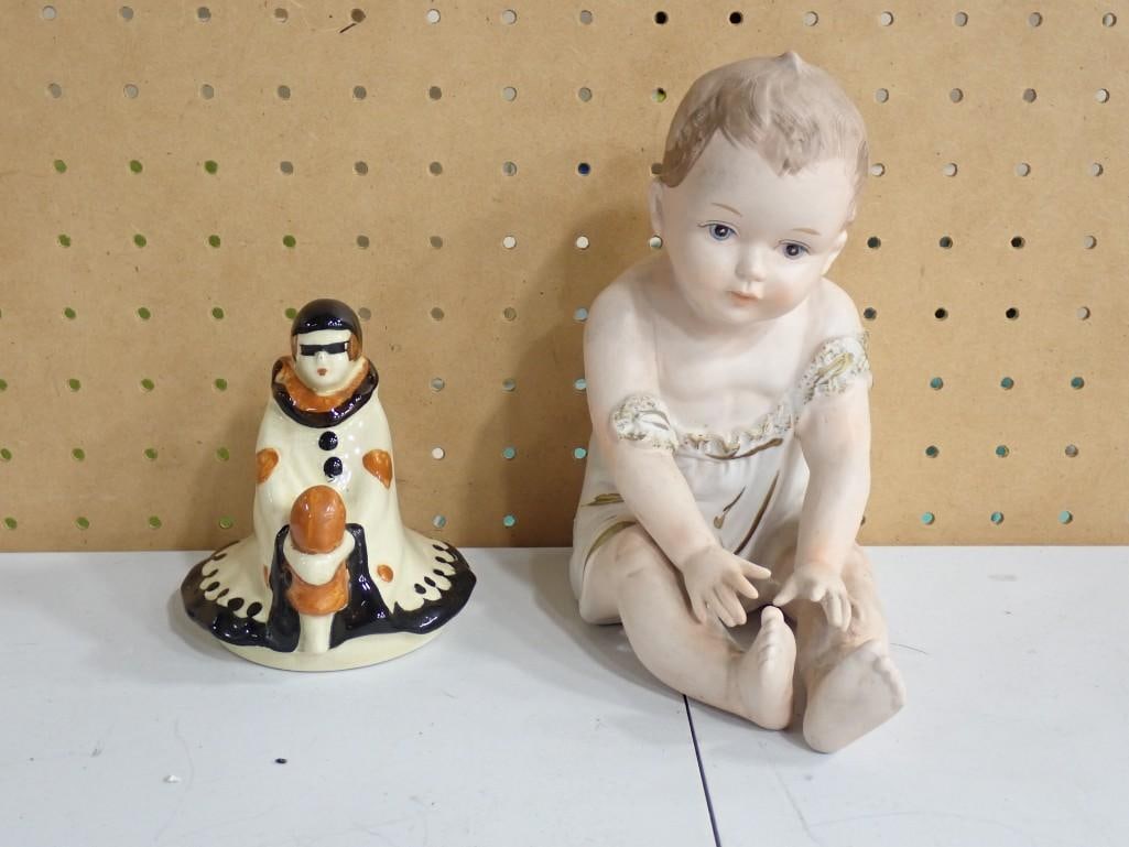 Art Deco Style Porcelain Clown and a Ceramic Bisque Vintage or Antique Baby Doll Figurine: Art Deco Style Porcelain Clown and a Ceramic Bisque Vintage or Antique Baby Doll Figurine All pictures are considered part of the description and should be examined carefully by bidders. Live Auctione
