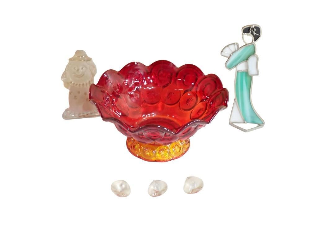 LE Smith Moon and Stars footed bowl ruby and orange, Stained Glass Geisha, Frosted Viking Glass: LE Smith Moon and Stars footed bowl ruby and orange, Stained Glass Geisha, Frosted Viking Glass Clown, etc All pictures are considered part of the description and should be examined carefully by bidde