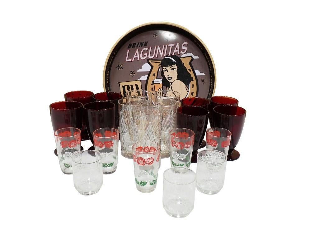 Lagunitas Beer Tray, Assorted Drinking Glasses including Ruby Red, Hazel Atlas, Libbey, etc: Lagunitas Beer Tray, Assorted Drinking Glasses including Ruby Red, Hazel Atlas, Libbey, etc All pictures are considered part of the description and should be examined carefully by bidders. Live Auctio