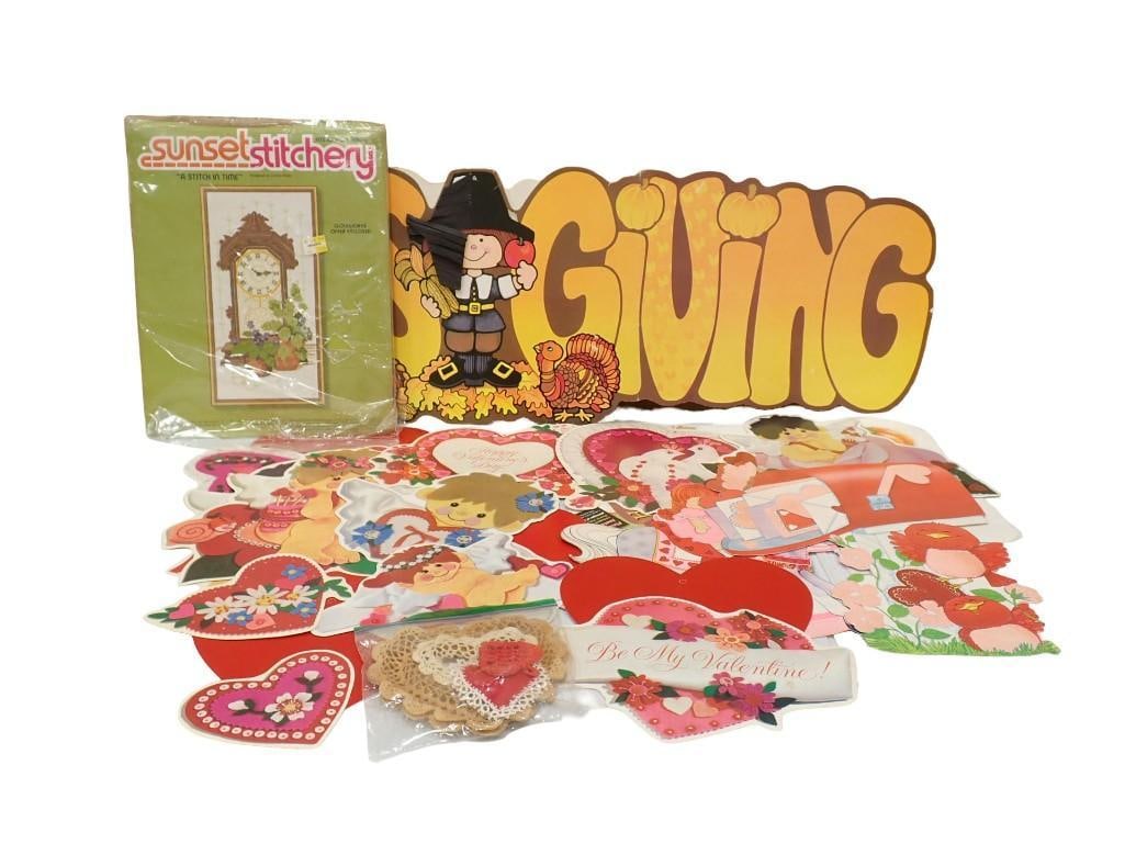 Vintage Holiday Decorations including Thanksgiving, Valentines Day and A Stitch in Time Craft Kit: Vintage Holiday Decorations including Thanksgiving, Valentines Day and A Stitch in Time Craft Kit All pictures are considered part of the description and should be examined carefully by bidders. Live 