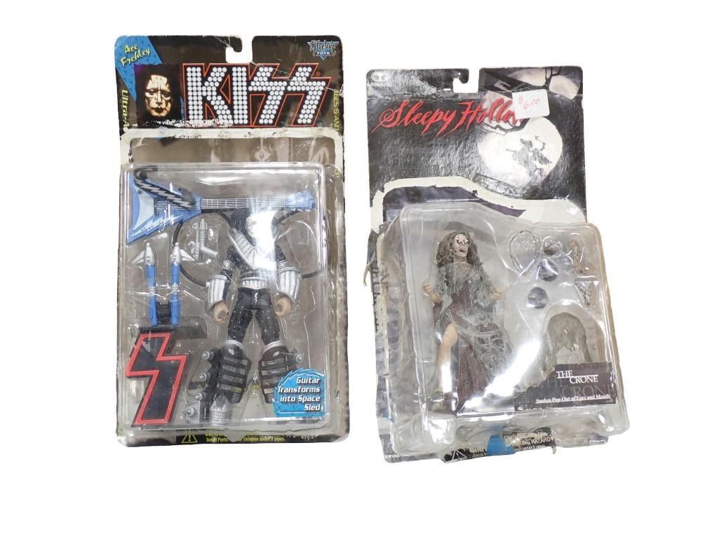 Two Action Figures including Ace Frehley Kiss, and Sleepy Hollow The Crone: Two Action Figures including Ace Frehley Kiss, and Sleepy Hollow The Crone - packages are damaged All pictures are considered part of the description and should be examined carefully by bidders. Live 