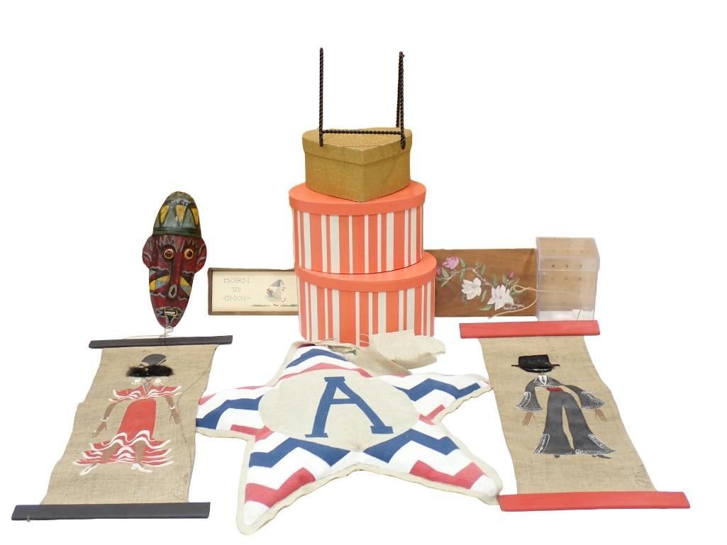 Misc Lot including Gift / Hat Boxes, Wall Hangings, Tribal Mask, Home Decor, etc.: Misc Lot including Gift / Hat Boxes, Wall Hangings, Tribal Mask, Home Decor, etc. All pictures are considered part of the description and should be examined carefully by bidders. Live Auctioneers is n